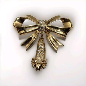 JJ Jonette Gold tone Ribbon‎ Bow Rhinestone Ballet Slipper Vintage Signed Brooch